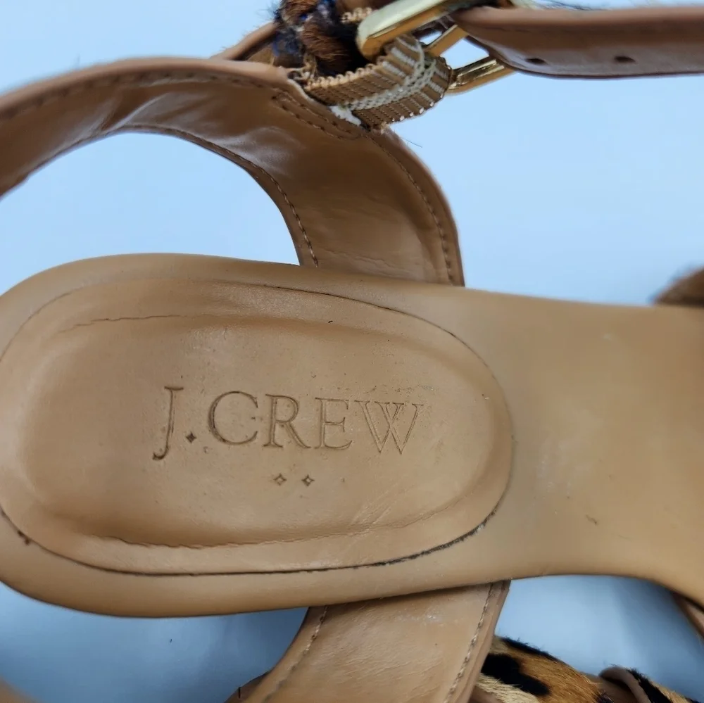 J Crew Womens 8 Calf Hair Leopard Low Block Heel Sandals Brown Black‎ Open Toe